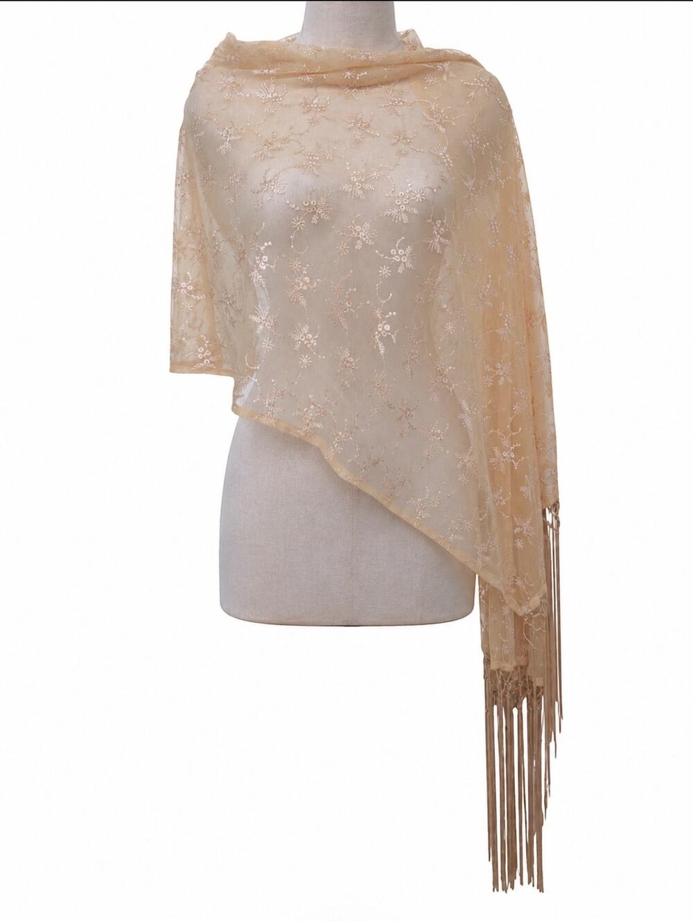 Champagne Gold Embroidered Sheer Mesh Sequin Fringe Evening Shawl Wrap Womens OS